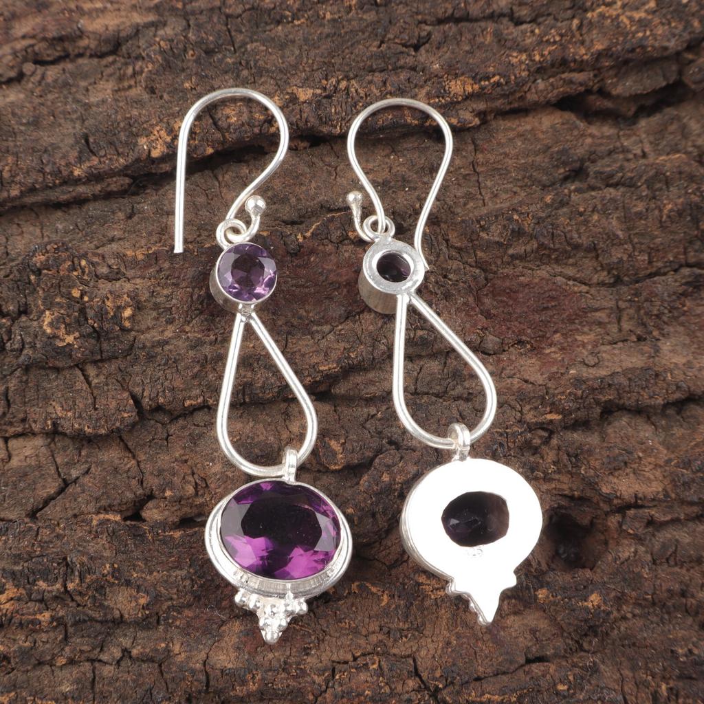 Ovalförmiger Amethyst-Edelstein 925 Sterlingsilber Schmuck Handgefertigte Ohrringe 2,50" EE-132-17