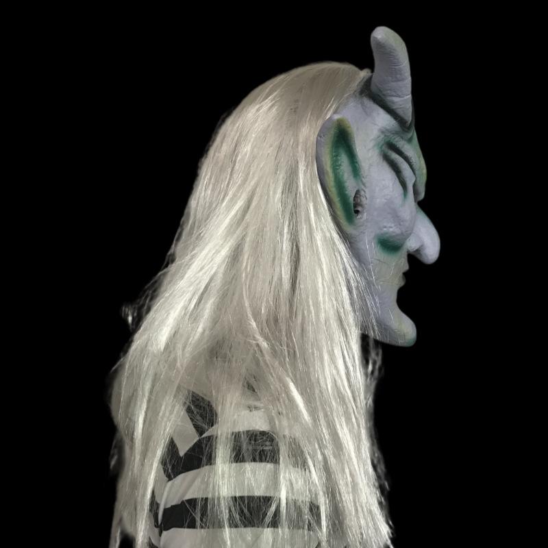 Silver-haired mask, Halloween horror ghost face costume prop, latex headgear, wig, masquerade, Silver Horned King