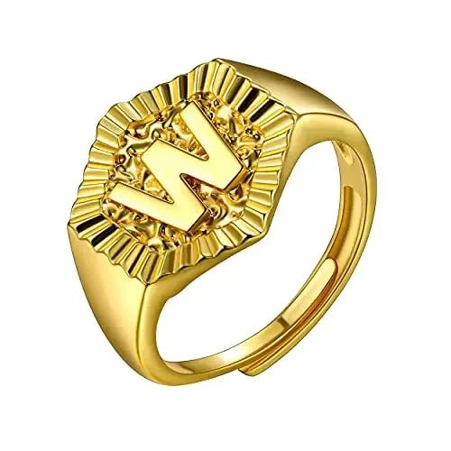 Hexagon Surface 3D Embossed A-Z Initial Letter Rings for Man Woman Adjustable Size A-Z 14k Gold Color Family Signet Jewelry