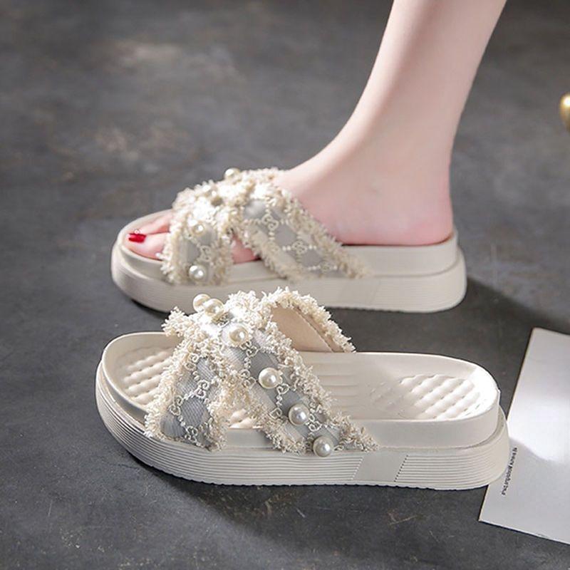 Women Solid Color Pearl Slippers Ladies Middle Heel Anti-slip Soft-sole Comfortable Thick Bottom Beach Sandals Footwears