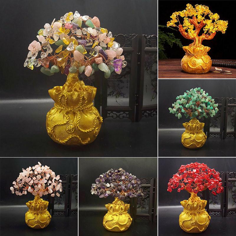 Exquisite Feng Shui Money Tree Featuring Yellow Citrine And Amethyst Crystal Leaves