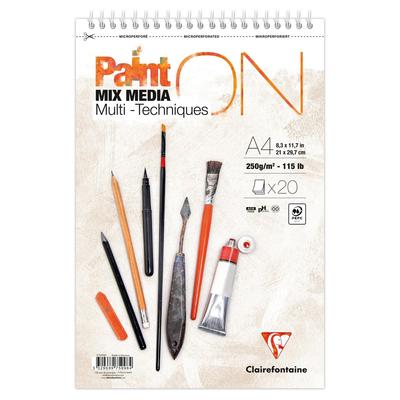 Clairefontaine Paint'On Mixed Media Paper Pad A4+ White 250g 25 Sheets Spiral Bound with Micro-perforated Pages Cf975998