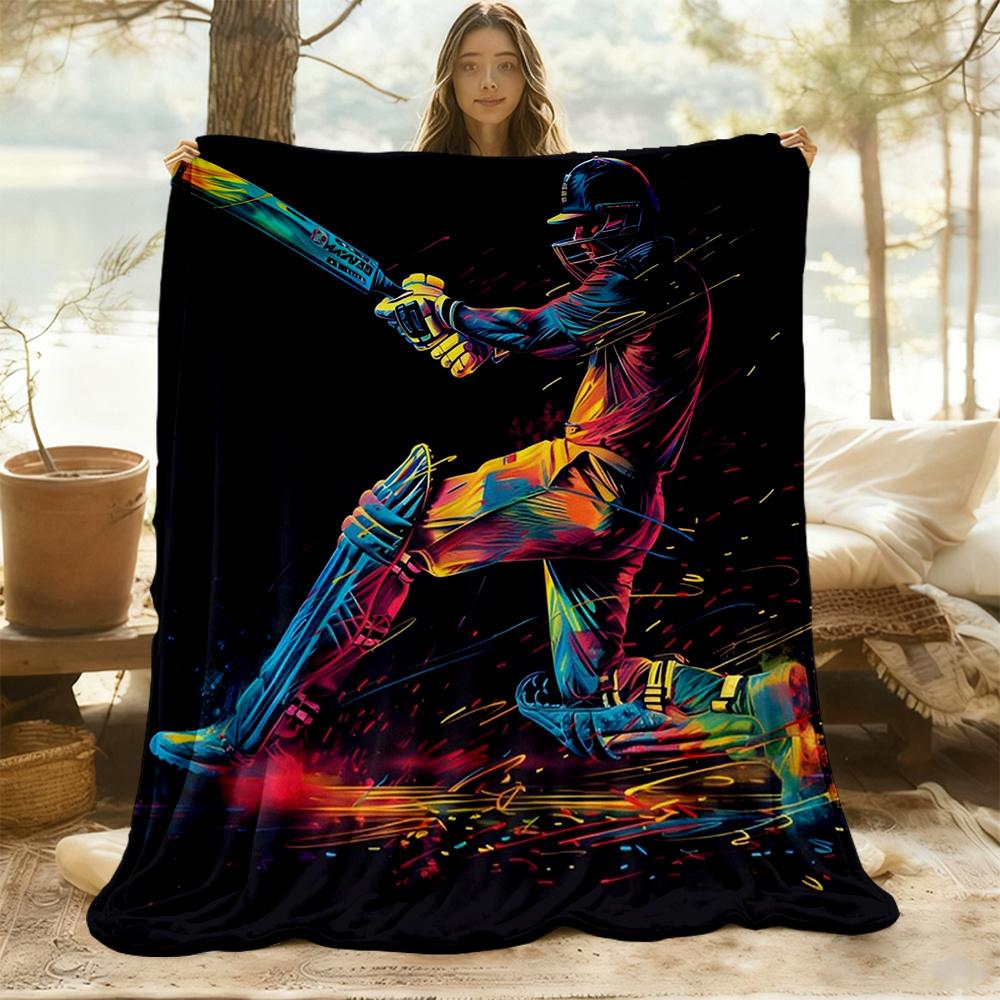 1pc Cricket Batting Flannel Blanket, Comfortable and Warm Blanket, for Camping Sofa Bed and Couch Office034