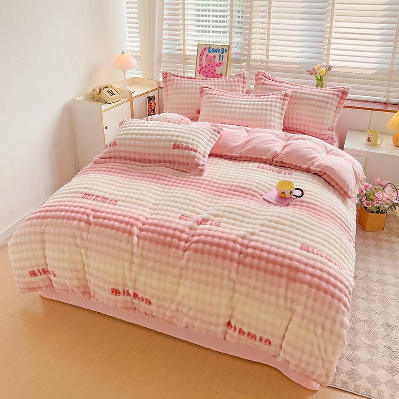 Light luxury thickened milk fleece four-piece set imitation rabbit fleece carved quilt cover high-end bed sheet household warm bedding three-piece set