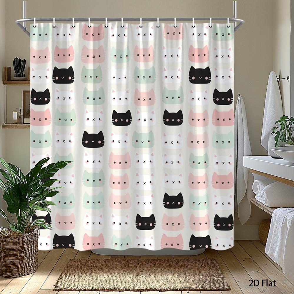 1pc Cat Print Shower Curtain with Hooks, Machine Washable Polyester Material, Suitable for Bathroom Décor.