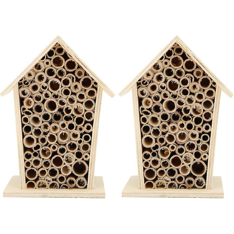 2PCS Wooden Bee House, Wood Bee Room Shelter, Wooden Hotel, Lovely Outdoor Bee Home, Garden Decoration for Outdoors Attracts Bee Pollinators
