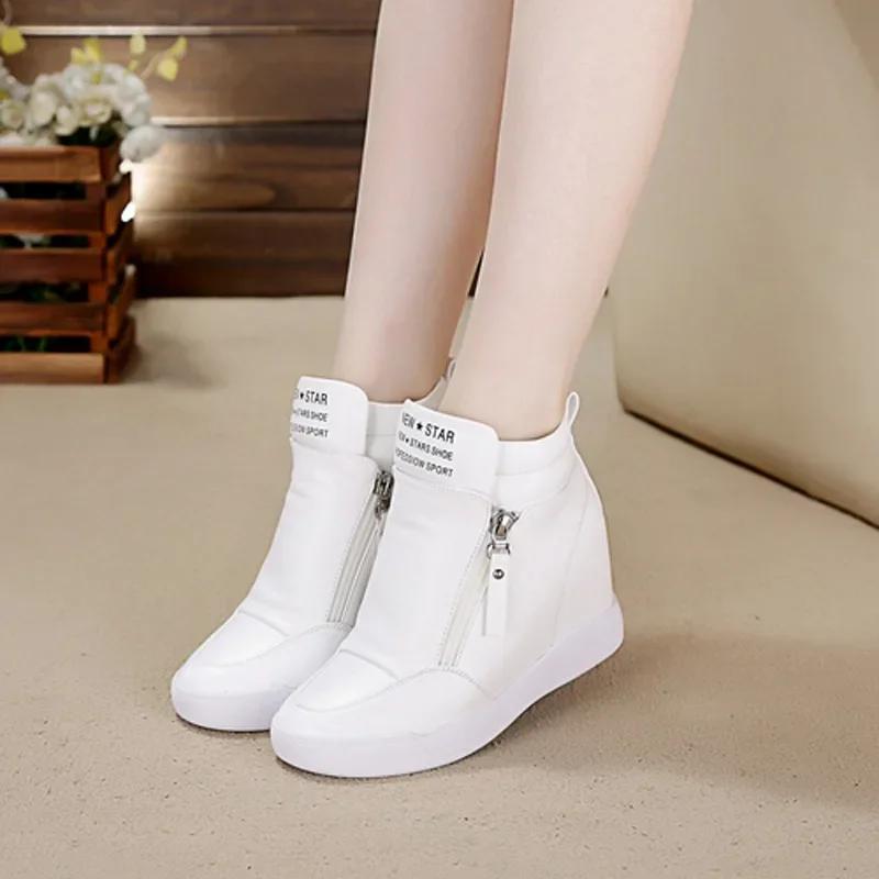2025 New High Top Women Sneakers Autumn Winter Hidden Heel Casual Shoes Side Zip Women White Platform Wedge Rivet Shoes