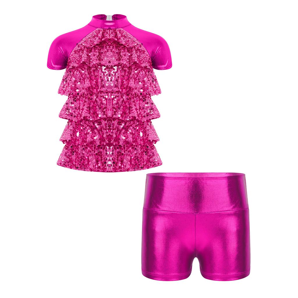 Girls Jazz Dance Costume Mock Neck Short Sleeve Tiered Ruffle Cutout Top Metallic High Waist Shorts Set