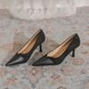 French retro chestnut V-mouth leather splicing high heels stiletto pointed temperament elegant suede banquet single shoes women