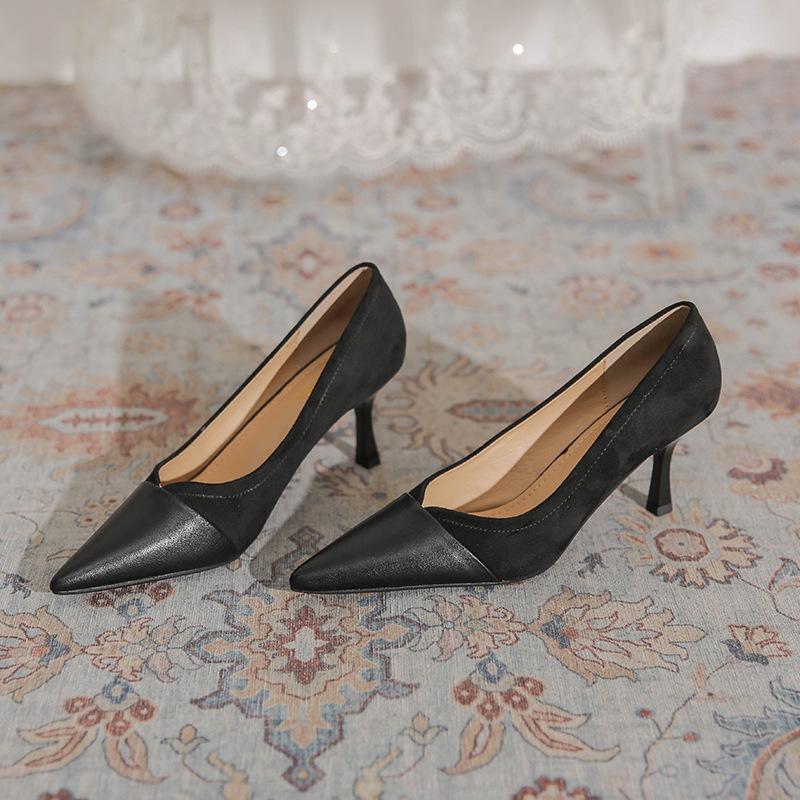 French retro chestnut V-mouth leather splicing high heels stiletto pointed temperament elegant suede banquet single shoes women