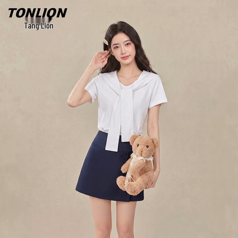 TonLion Women s Navy Collar Short-Sleeve T-shirt & A-line Skirt Set M