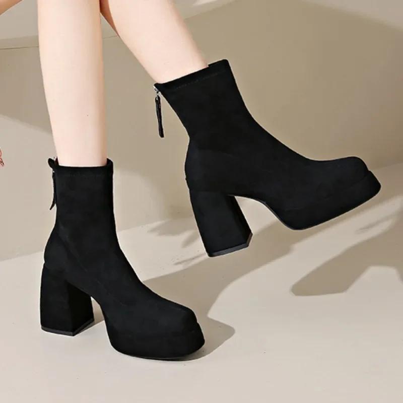 Fashion Suede Super High Heels Women Boots Ankle Chelsea Shoes New Winter Chunky Dress Shoes Party Elegant Pumps Goth Botas Mujer