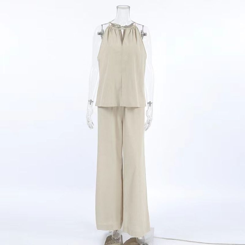 

Европейский и американский полый кружевной костюм с жилетом-халтером на шнуровке и брюками, комплект жилета и брюк с вырезом на шее Khaki S