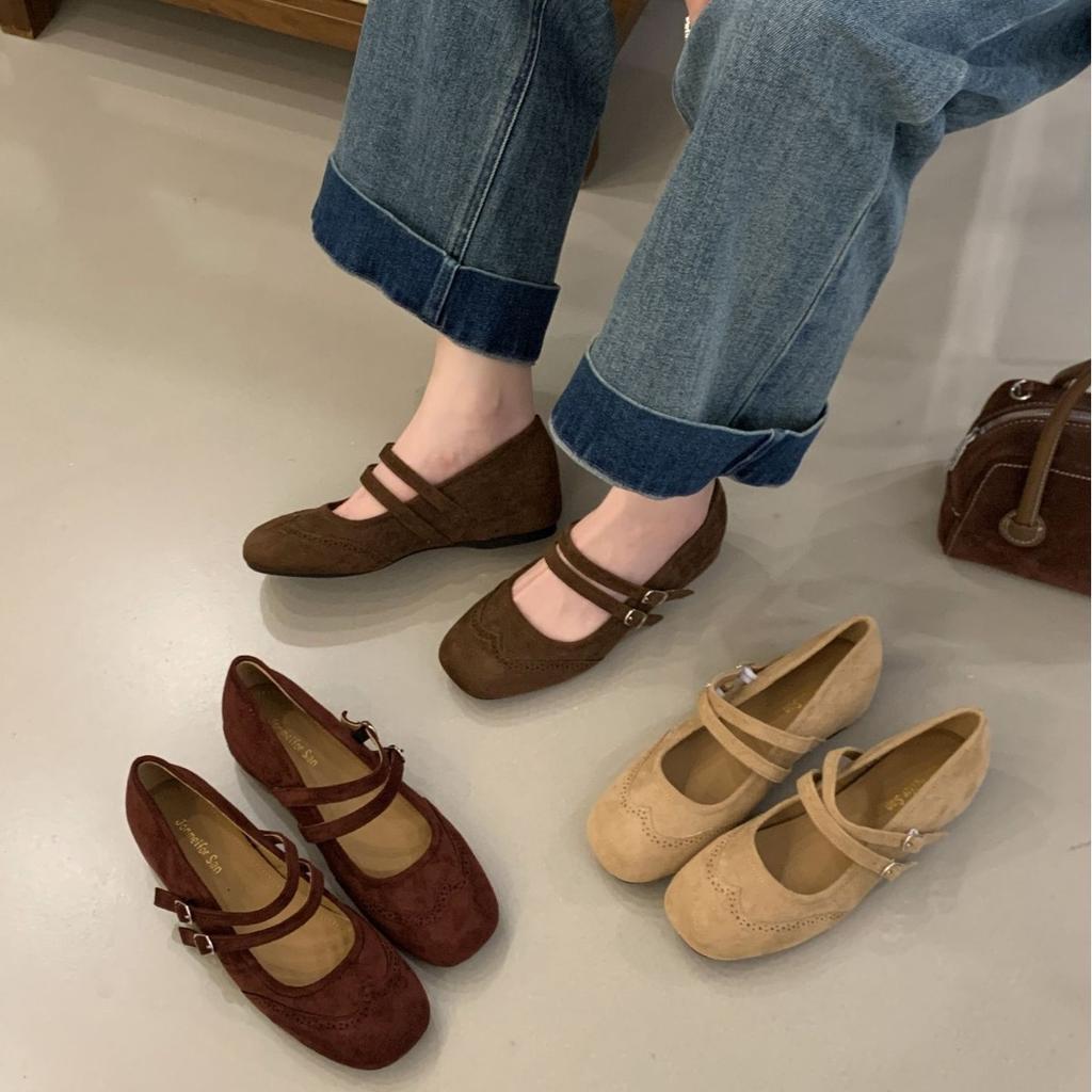 French Retro Double Buckle with Mary Jane Shoes, Shallow Mouth Inner Height Increase Single Shoes, Autumn New Fairy Ballet Beanie Shoes