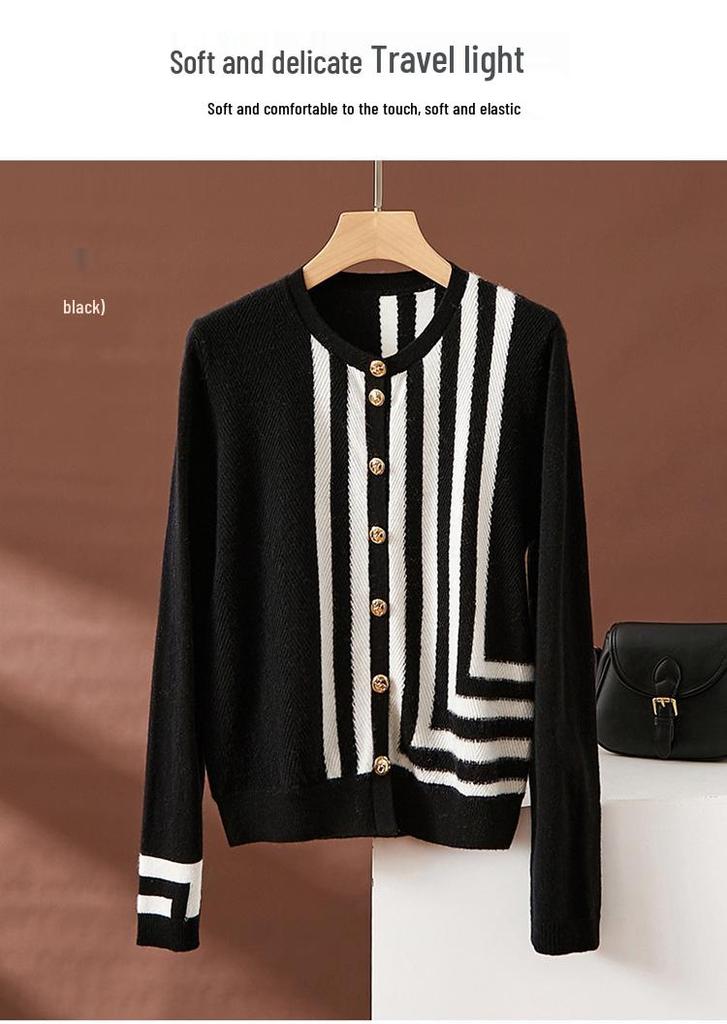 Women's French Coco Style Striped Cashmere Cardigan – Round Neck Autumn/Winter Loose Knitwear