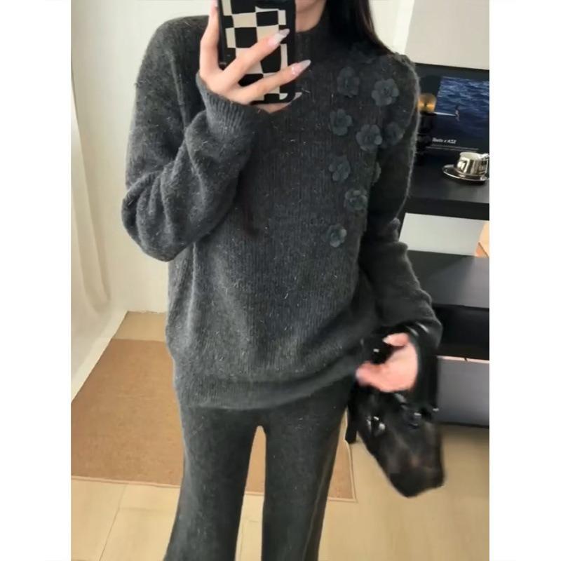 Three-dimensional Flower Bright Silk Sweater Two-piece Set Women's Autumn and Winter New Large-size Wide-leg Pants Half-turtleneck Knitted Set