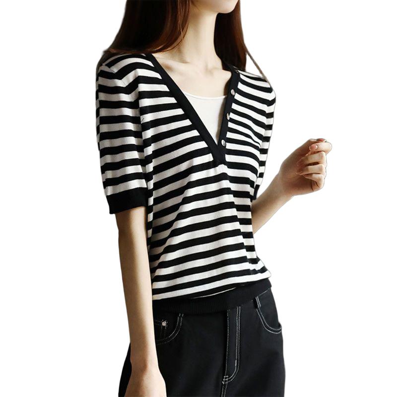 Women's Fake Two-Piece Ice Silk Knitted Top Elegant Stylish Short-Sleeve V-Neck Striped Solid Color T-Shirt