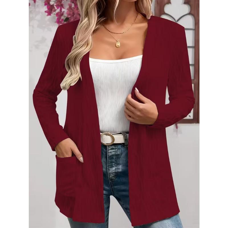 Spring and autumn comfortable casual elegant solid color fashion texture fabric pocket large size women's unbuttoned cardigan
