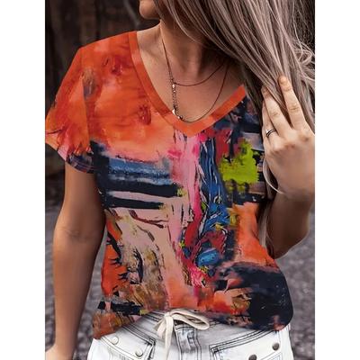 Modisches Damen V-Ausschnitt T-Shirt Sommer Outdoor Street Trend Kurzarm Bluse Blumenmuster Locker sitzende Kleidung