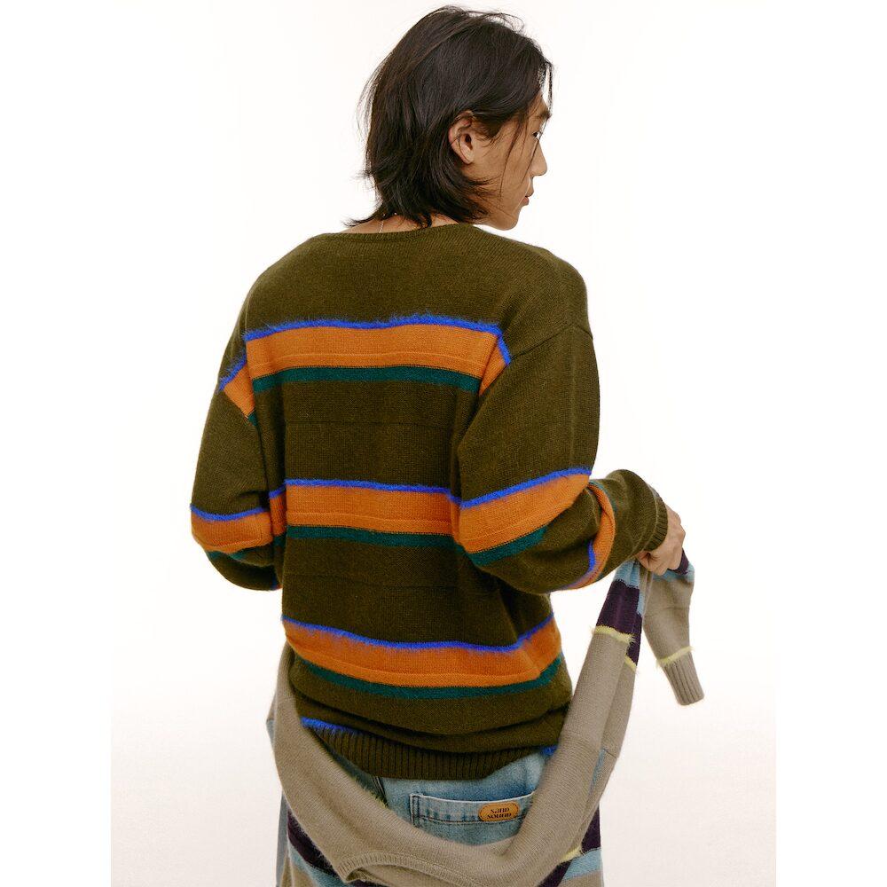 Saendeusaundeu (Unisex) Wool Blend Striped Pullover Sweater Khaki