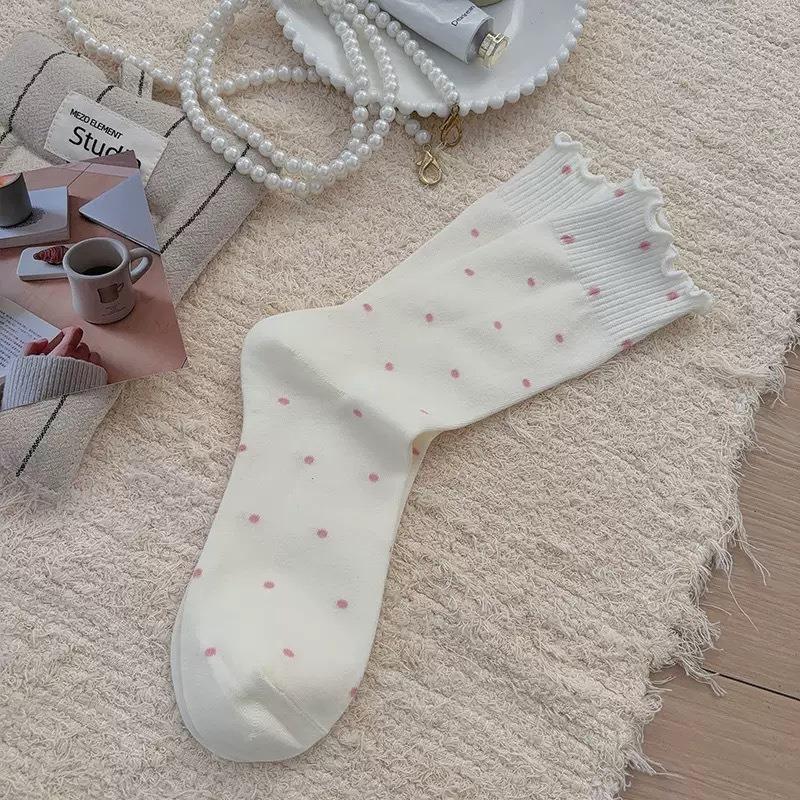 Women's Summer Thin Ballet-style Wooden Ear Side Polka Dot Long Tube Pile Socks
