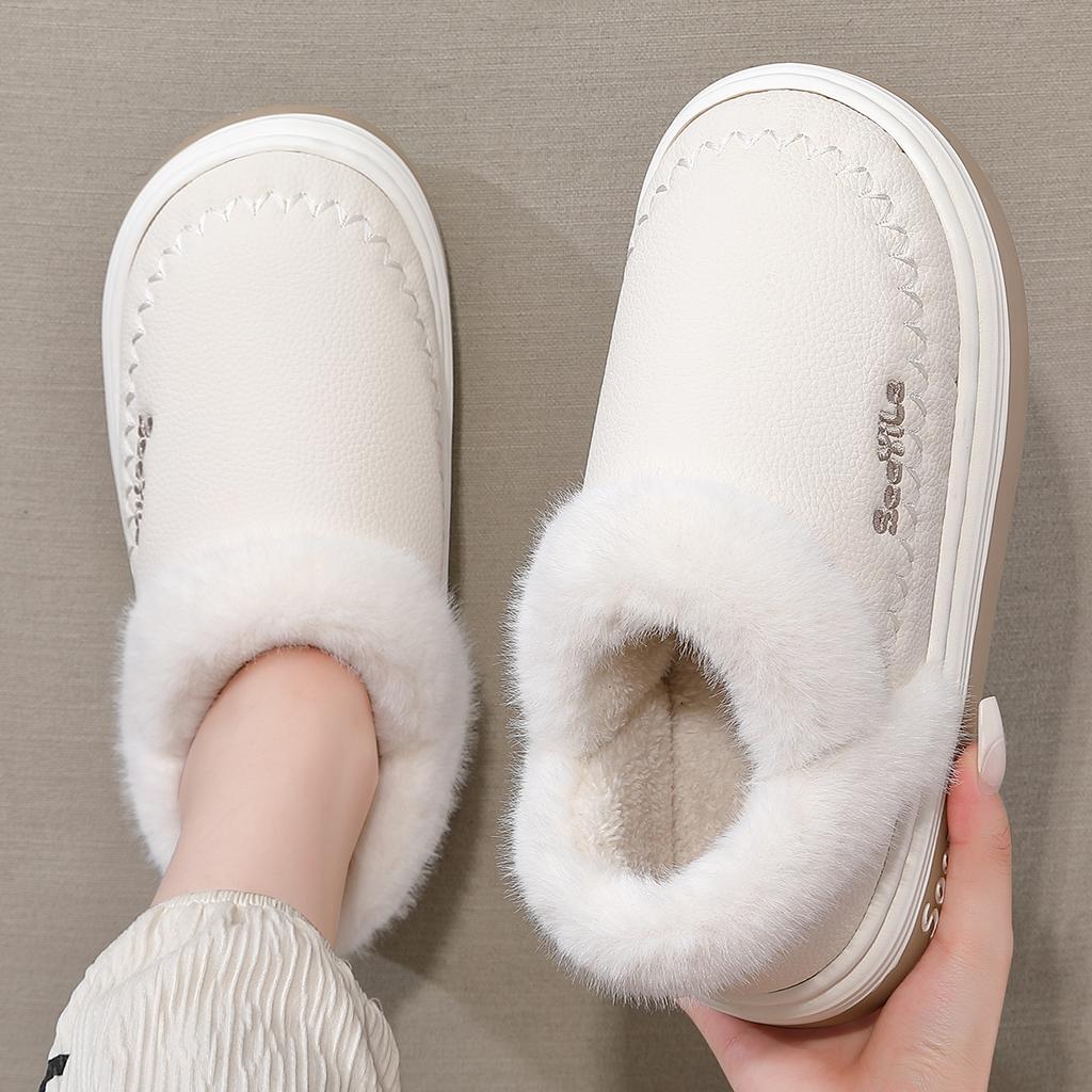 PU waterproof cotton slippers winter bag heel 2025 new home indoor thick-soled velvet thermal cotton shoes