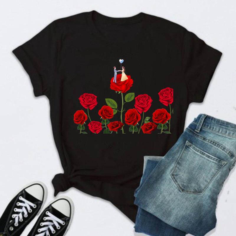 Women Rose Print Black T Shirt Female 2026 Valentine New Tshirt Fashion Short Sleeve Tee Tops Harjauku Cute Tshirt Graphic Y2K