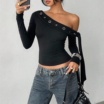 Women European Style Sexy One Shoulder Solid Color Long Sleeve Slim Fit T Shirt Top