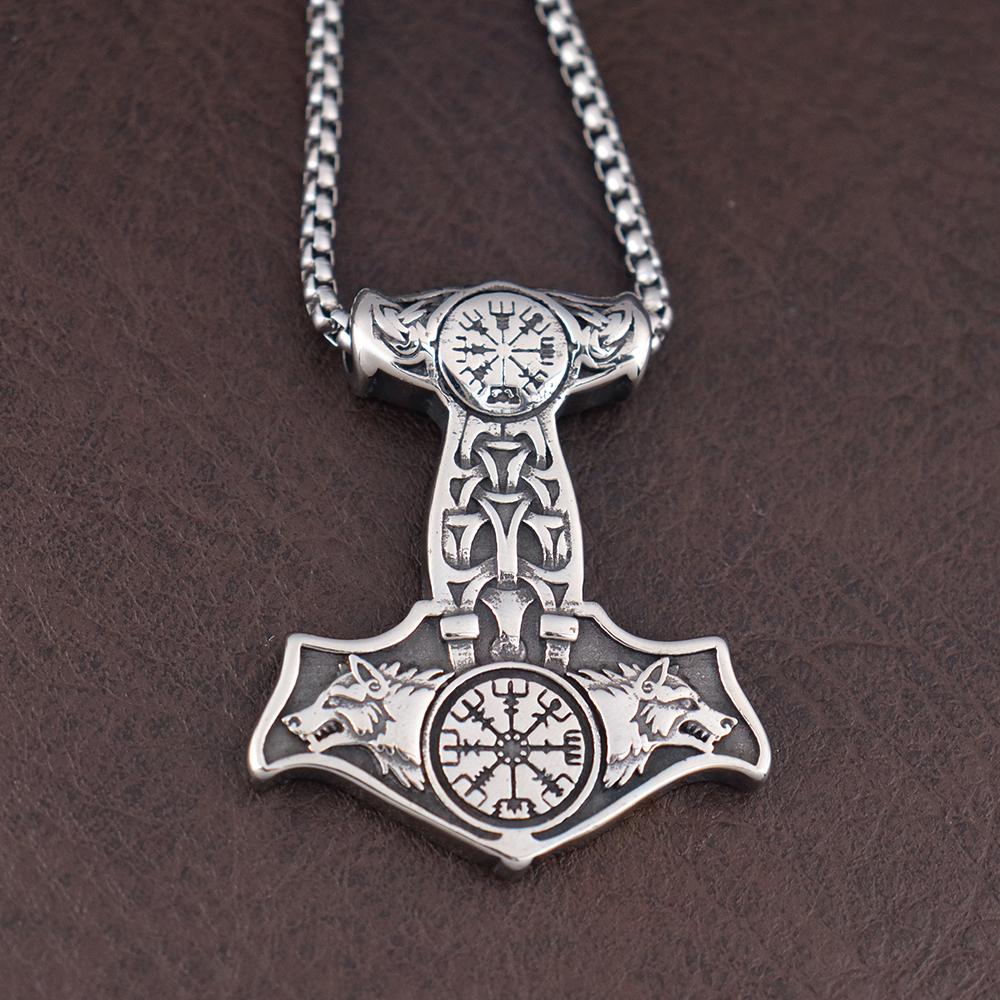 Vikings Thor Hammer Pendant Stainless Steel Mjolnir Necklace Nordic Rune Vegvisir Jewelry Popular Norse Scandinavian