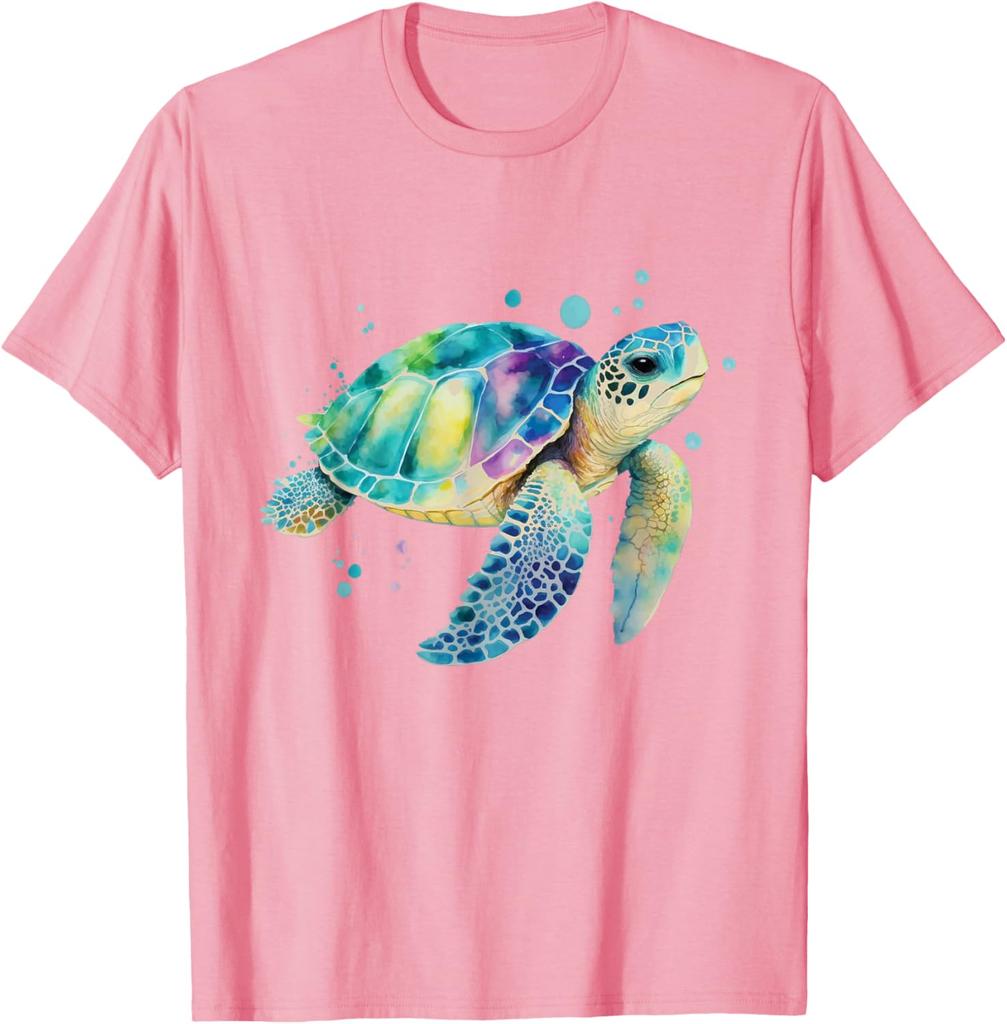 Watercolor Sea Turtle Graphic Tee Breathable Cotton Casual T-Shirt for Men Beach Trip