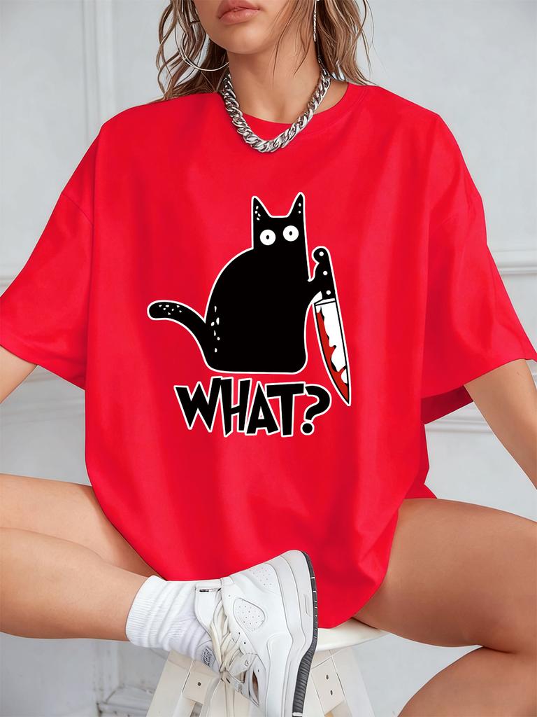 Schwarze Katze mit Messer Aufdrucken Kurzarm T-Shirts Damen Sommer Baumwolle T-Shirts Locker O-Ausschnitt Weiche Oberteile Streetwear