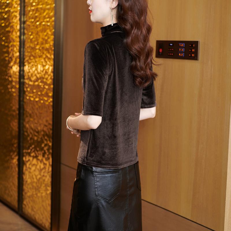 Basisshirt für Damen aus goldenem Samt mit halbem Rollkragen und Diamantmuster, vielseitiges Basisshirt für T-Shirt mit halblangen Ärmeln