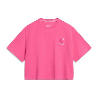 Li Ning Sport Lifestyle Series Label French Letter Print Short Loose Short Sleeve Drop Shoulder T-Shirt Women Tops Bright-Pink ATST810-2