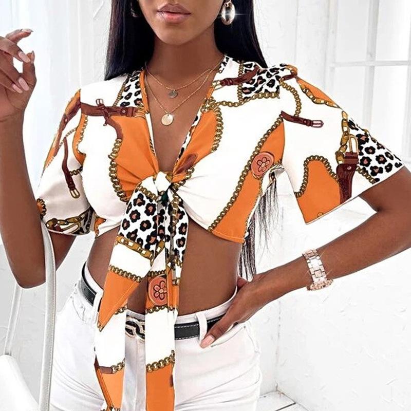 

Летняя женская рубашка с галстуком-бабочкой, сексуальная рубашка с коротким рукавом и принтом, топ XL оранжевый
