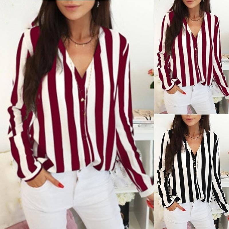 Elegante T-shirt da donna a maniche lunghe con scollo a V larga per uso casual e in ufficio