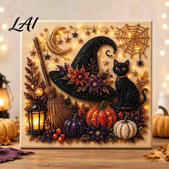DIY Craft Projects for Adults Halloween Faux Pearl Art Kit Spooky Cute 3D Diamond Painting Easy Crafting Beginners Craft Witch Black Cat Pumpkin