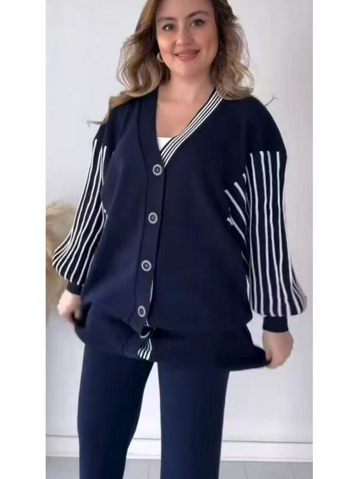 In Stock 2025 Autumn/Winter European & American Fashion Striped Casual Lazy Style Set