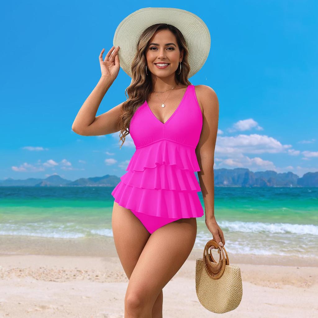 New European & American Ruffled One-Piece Bikini: Women's Belly-Concealing Swimsuit for Vacation