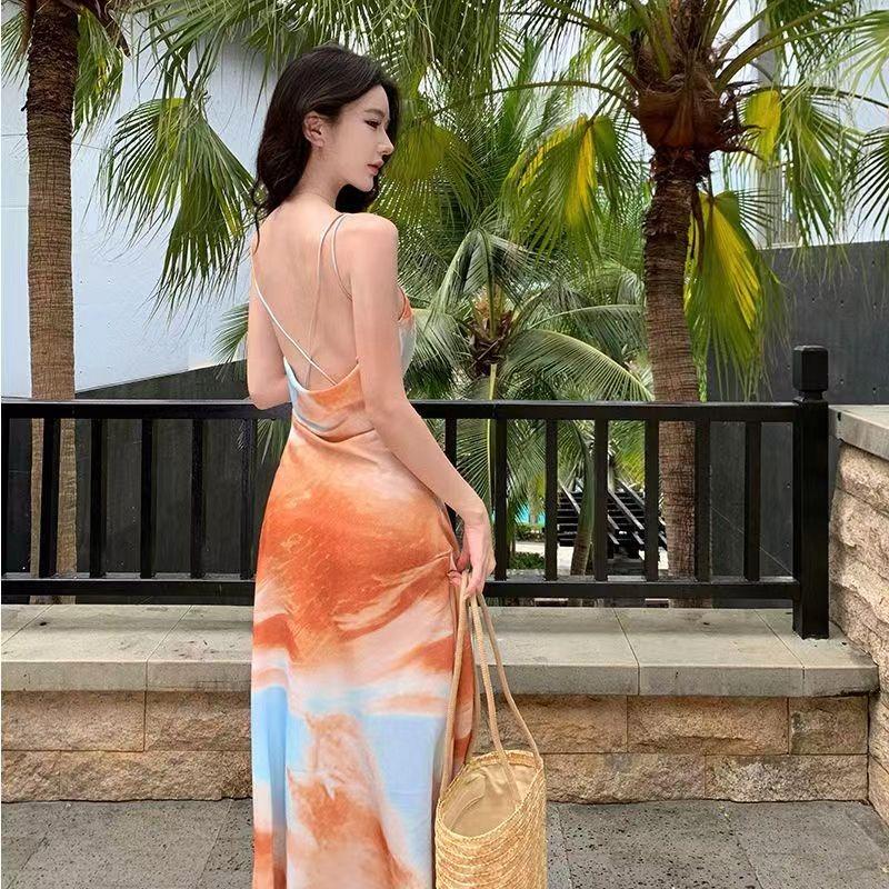 Off Shoulder Elegant Sling Party Strap Dress Women Sexy Printing Chic Backless Long Dresses Female Sweet Fashion Sleeveless Beach Clothing