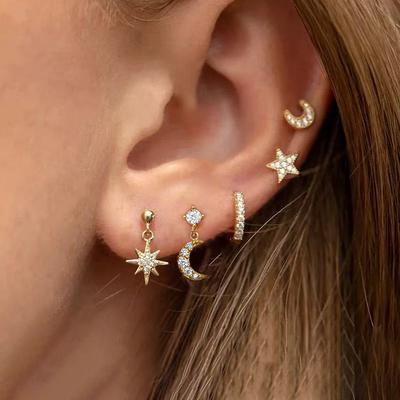 5PCS New Design Gold Color Ear Stud Earring Set For Women Zircon Star Moon Punk Piercing Earrings Helix Tragus Piercing Jewelry