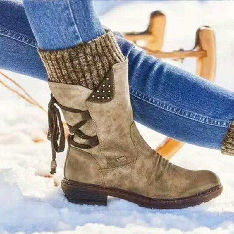 Wish large size autumn and winter new casual wool mouth Martin boots women's thick-soled snow boots buckle flat-bottomed medium boots women's boots