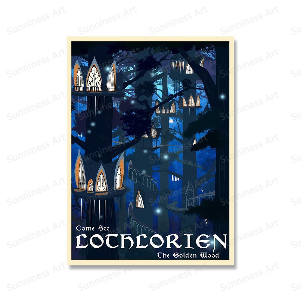Vintage Travel Posters Middle Earth Lothlorien Mordor Illustration Prints Landscape Fantasy Literature Art Wall Pictures Decor No Frame
