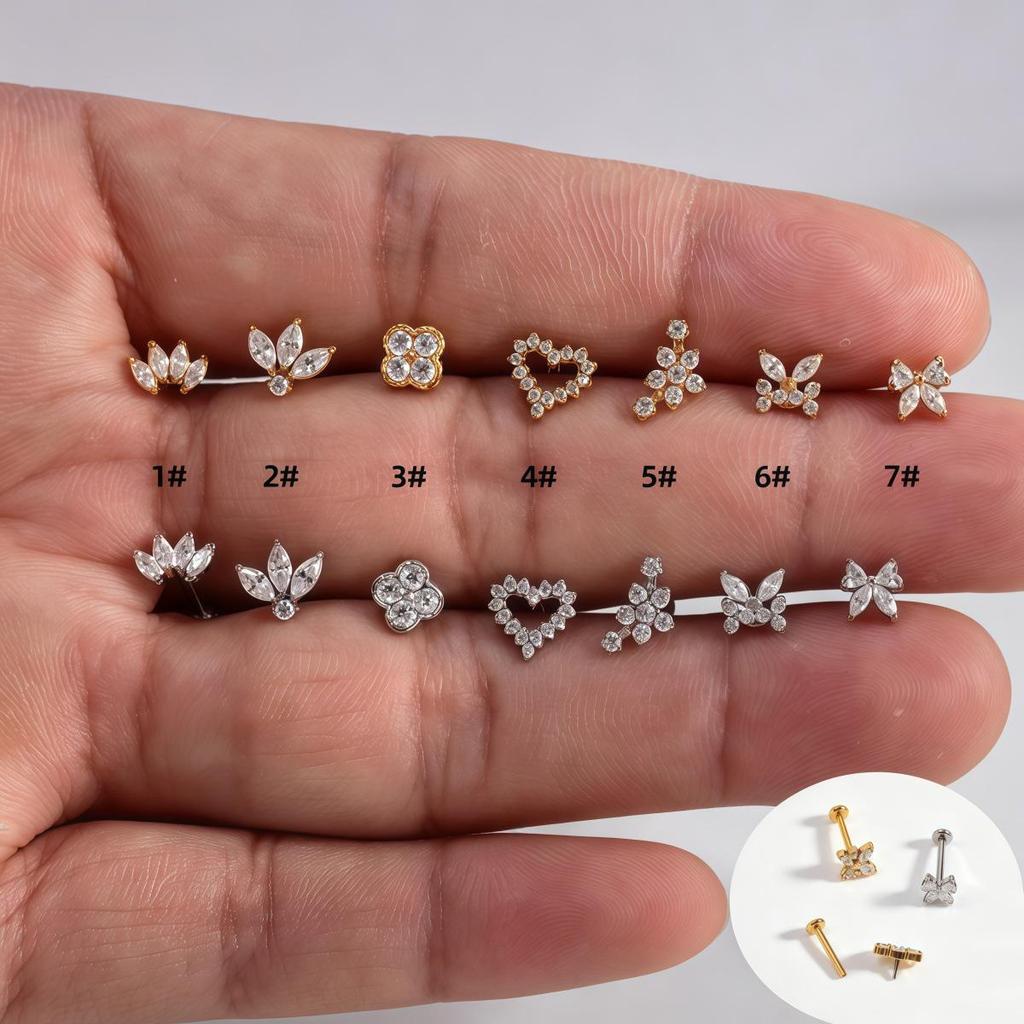 Stainless Steel Zirconia Inlaid Heart & Butterfly Ear Bone and Lip Stud Piercing Jewelry