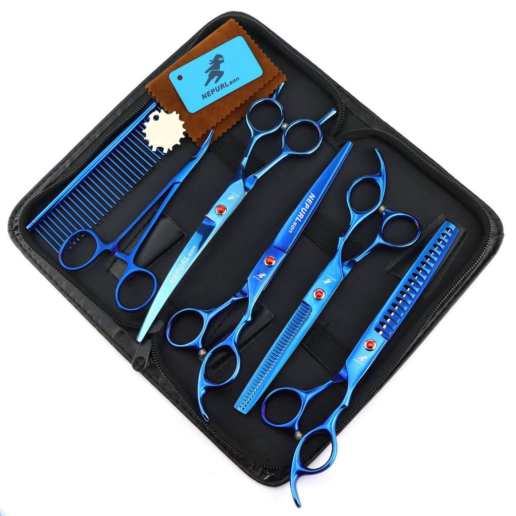 7.0-Inch Purple Plating Pet Grooming Scissors Set: Straight, Fine-Tooth, Serrated, and Fishbone Shears