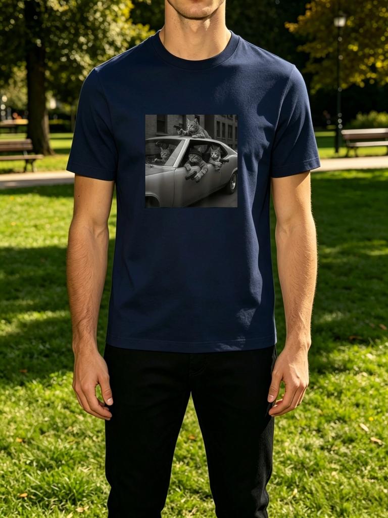 Unisexs Tee Gangster Cats Retro Car Graphic Print Cotton Short Sleeve Streetwear Male Summer Daily Casual Outdoor Basic Fashion Top