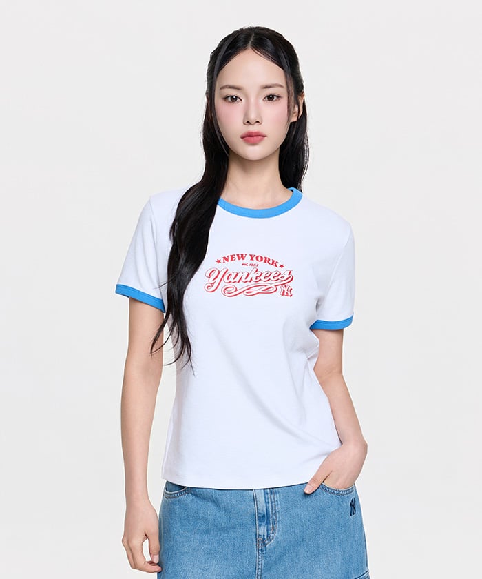 Emelbi Women'S Varsity Lettering Slim Slub Ringer T-Shirt Ny (White)