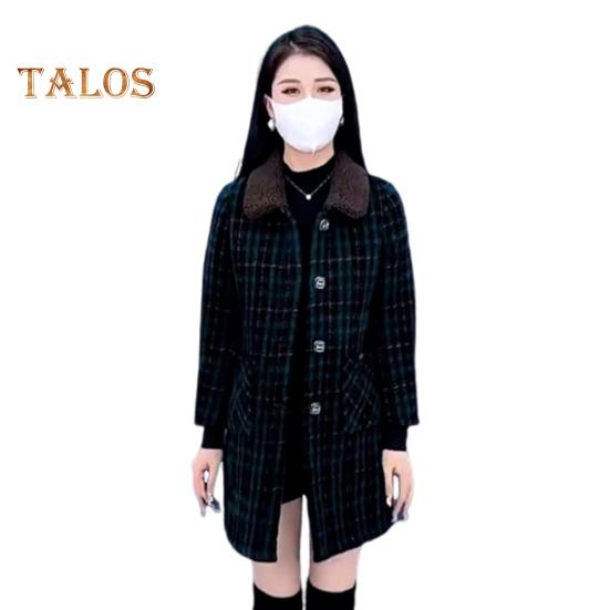 

Жіноче зимове пальто з бічними кишенями, відкладним коміром, однобортне пальто середньої довжини OL Куртка для поїздок і роботи, товстий верхній одяг у клітку L зелений