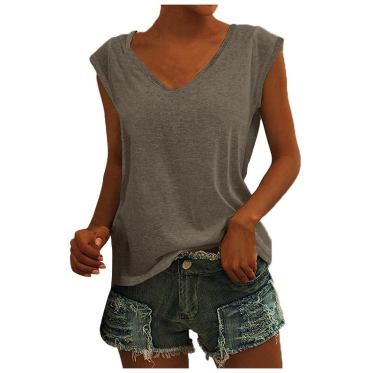 Damen Casual V-Ausschnitt Locker Geschnittenes T-Shirt Einfarbig Kurzarm Bluse Tanktops