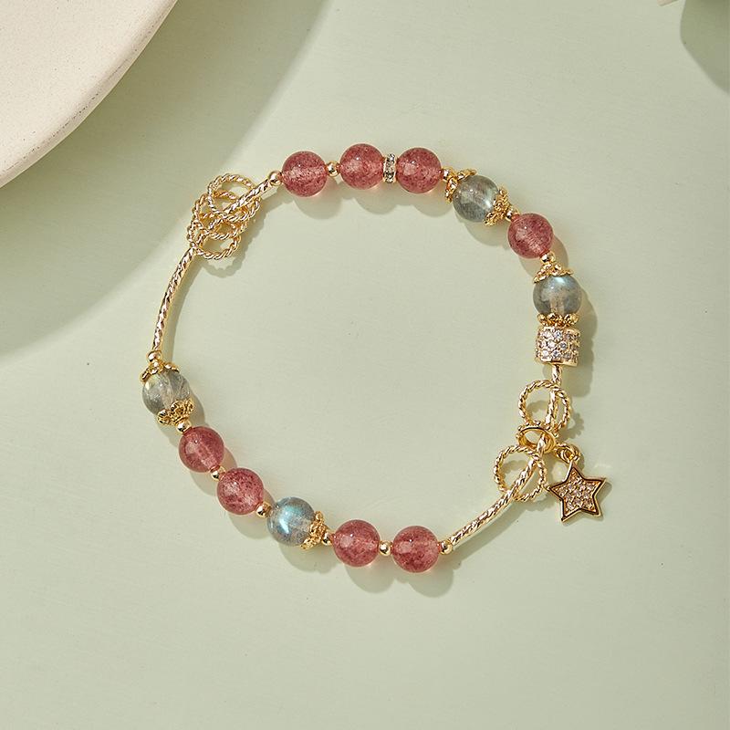 

Qiaoen Women s Strawberry Crystal & Gray Moonstone Labradorite Beaded Bracelet 13-14 cm