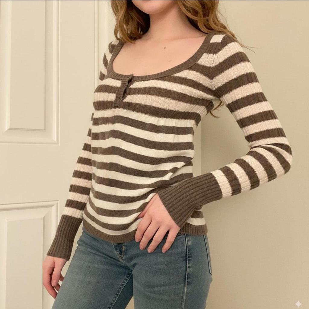European & American Retro U-Neck Color Block Stripe Knit Sweater - Women's Casual Long Sleeve Top